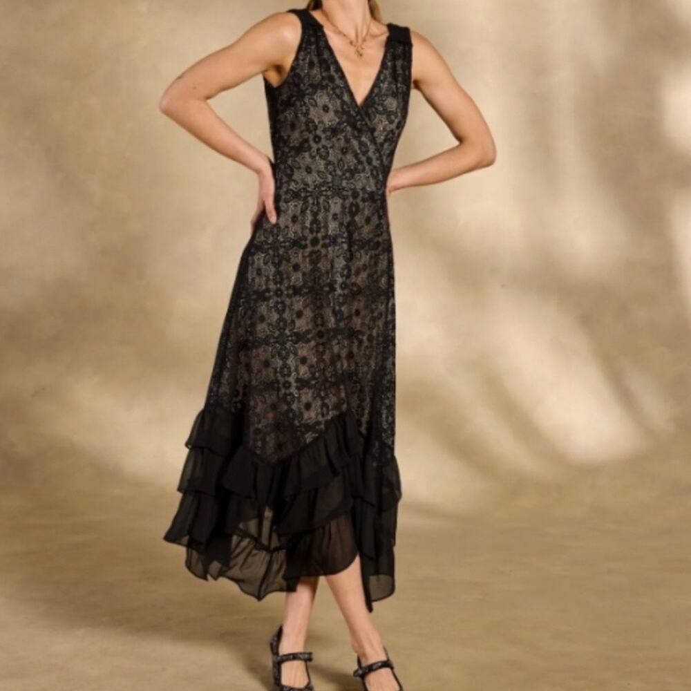 Sundance Black Lace Midi Dress with Ruffle Hem